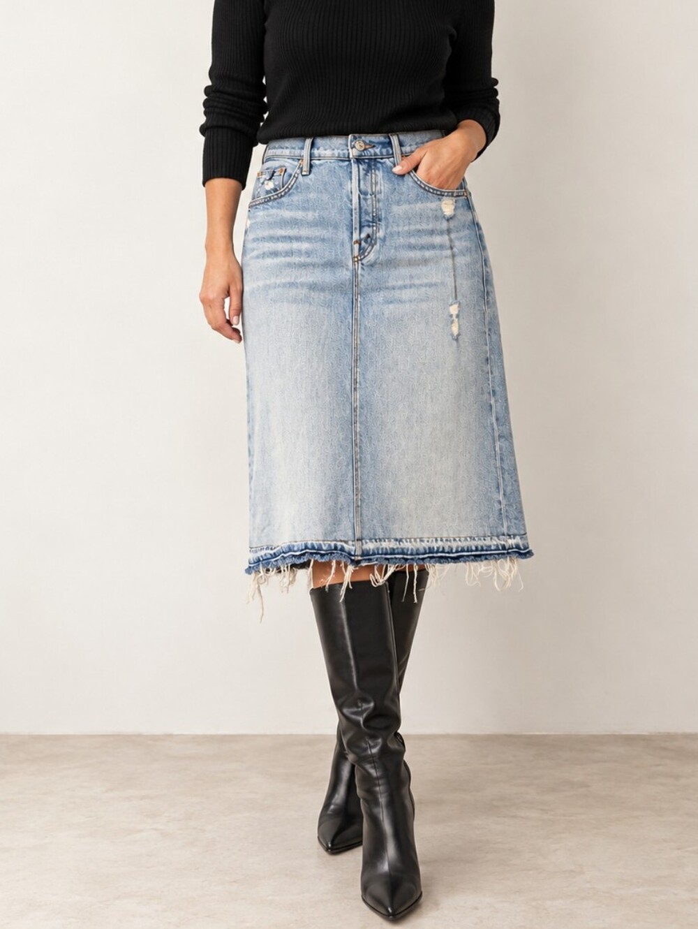 Mother Superior The Vagabond Midi Skirt sz 26 Undone Hem Blue Denim Distressed